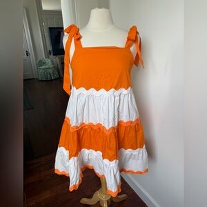 Fantastic Fawn Orange & White Tiered Tie-Shoulder Sundress w/ Ric Rac
